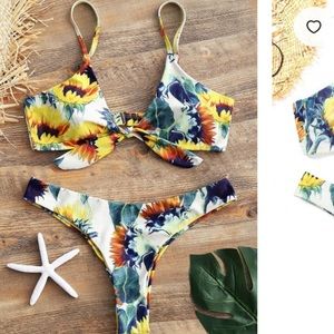 Knotted Sunflower Thong Bikini Set - Floral